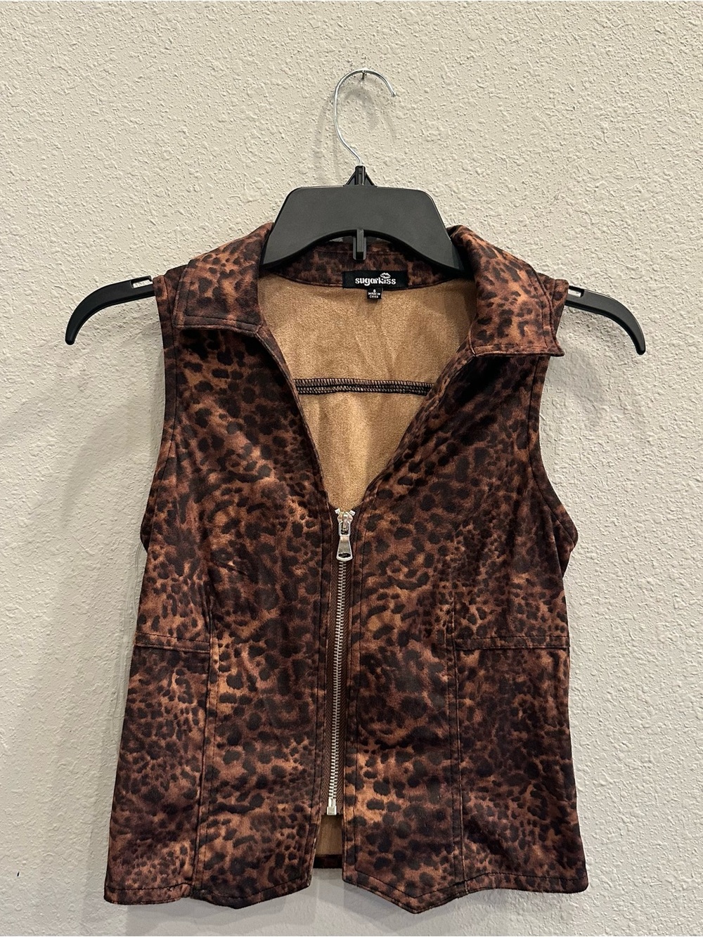 Sugar Kiss Leopard Zip Moto Vest Faux Suede Women’s Small Y2K